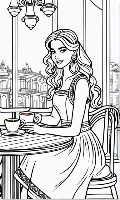 Remove color from this pop art cartoon supermodel coloring page no color wearing young hippie clothing in tribal designs that matches the wallpaper design she is leaning against turn towards camera