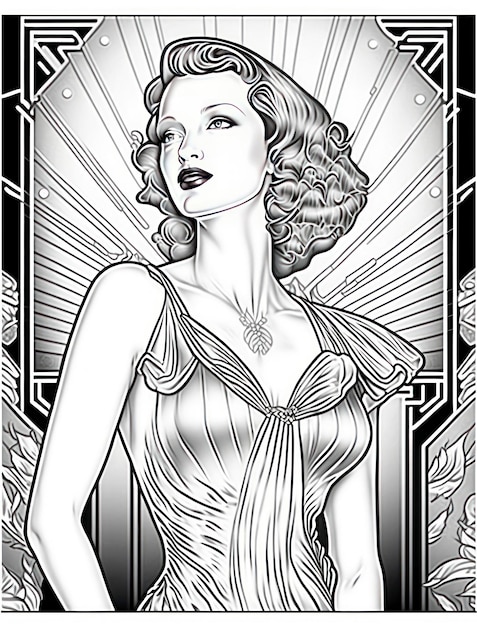 Premium ai image coloring page an old fashion drawing a woman in an art deco dress in the style of hyperrealistic