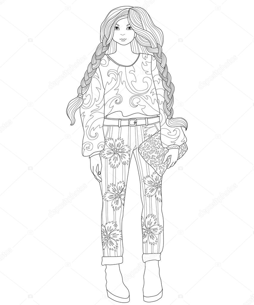 Beautiful fashionable girl coloring page for adults fashion stock vector by inshna