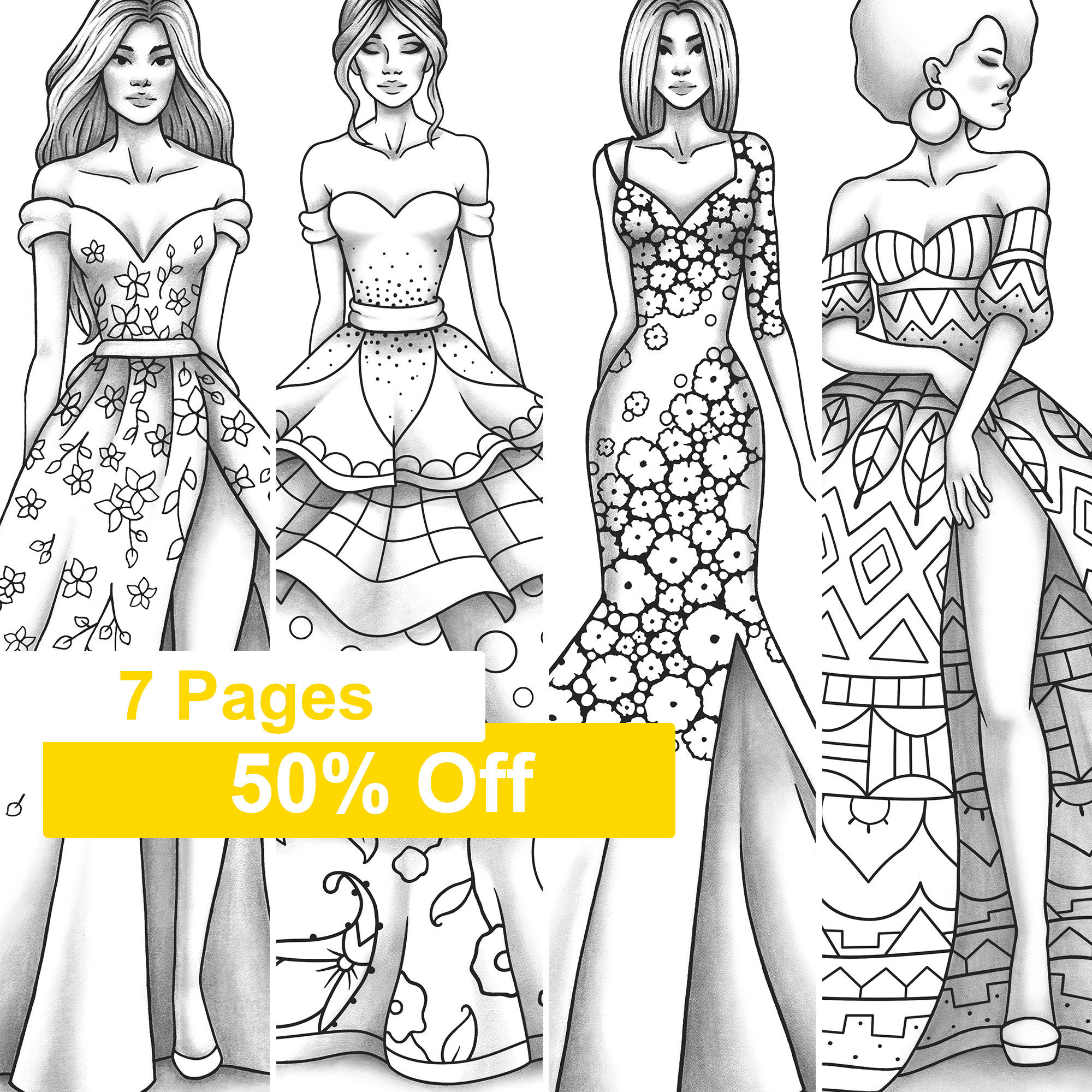 Adult coloring book fashion and clothes colouring pages model grayscale pdf printable girls relaxing zentangle line art