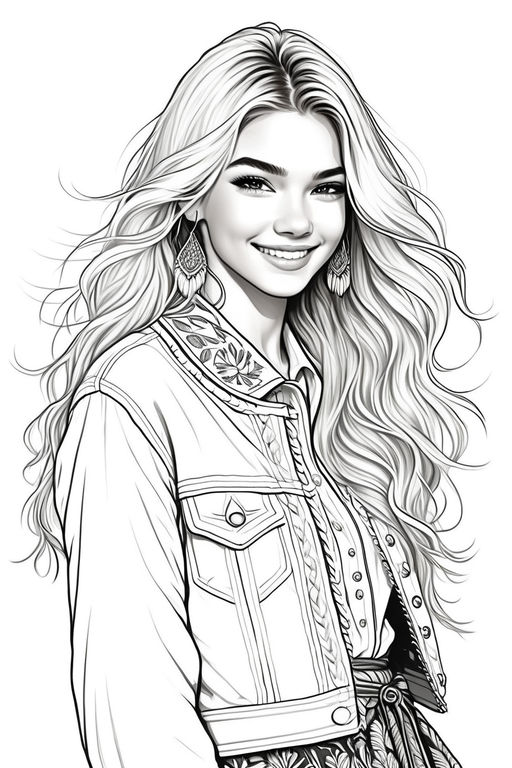 Modern realistic cartoon drawing style grayscale of a happy beautiful woman singer