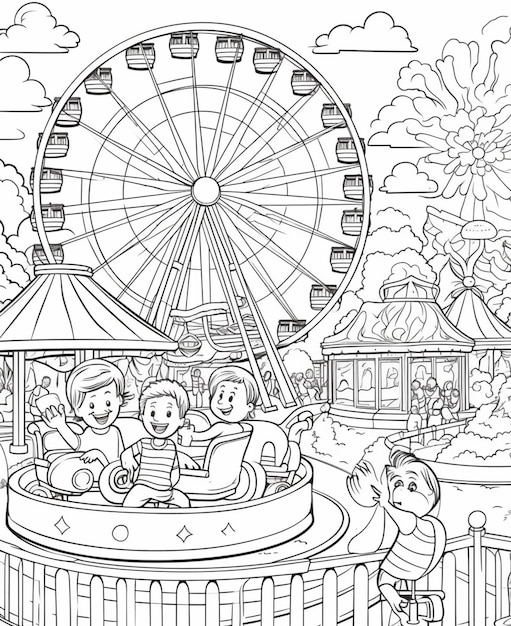 Premium ai image a coloring page of a carnival with a ferris wheel and people generative ai