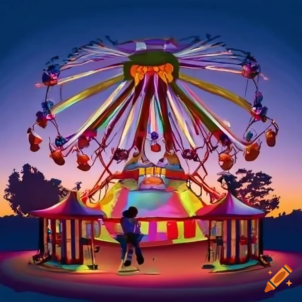 A realistic picture of a carnival with various attractions and kids playing with a nice sunset lighting on