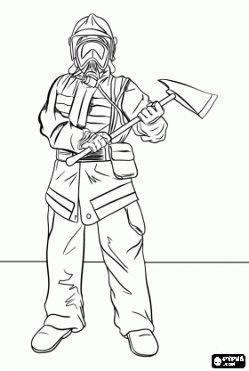 Firefighter with a helmet mask and ax ready for action coloring page firefighter drawing fireman firefighter pictures