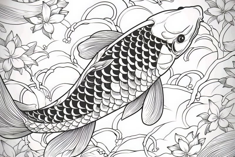 Coloring page for adults vector black and white pattern fishes frolic fun in a flowering pond stock illustration