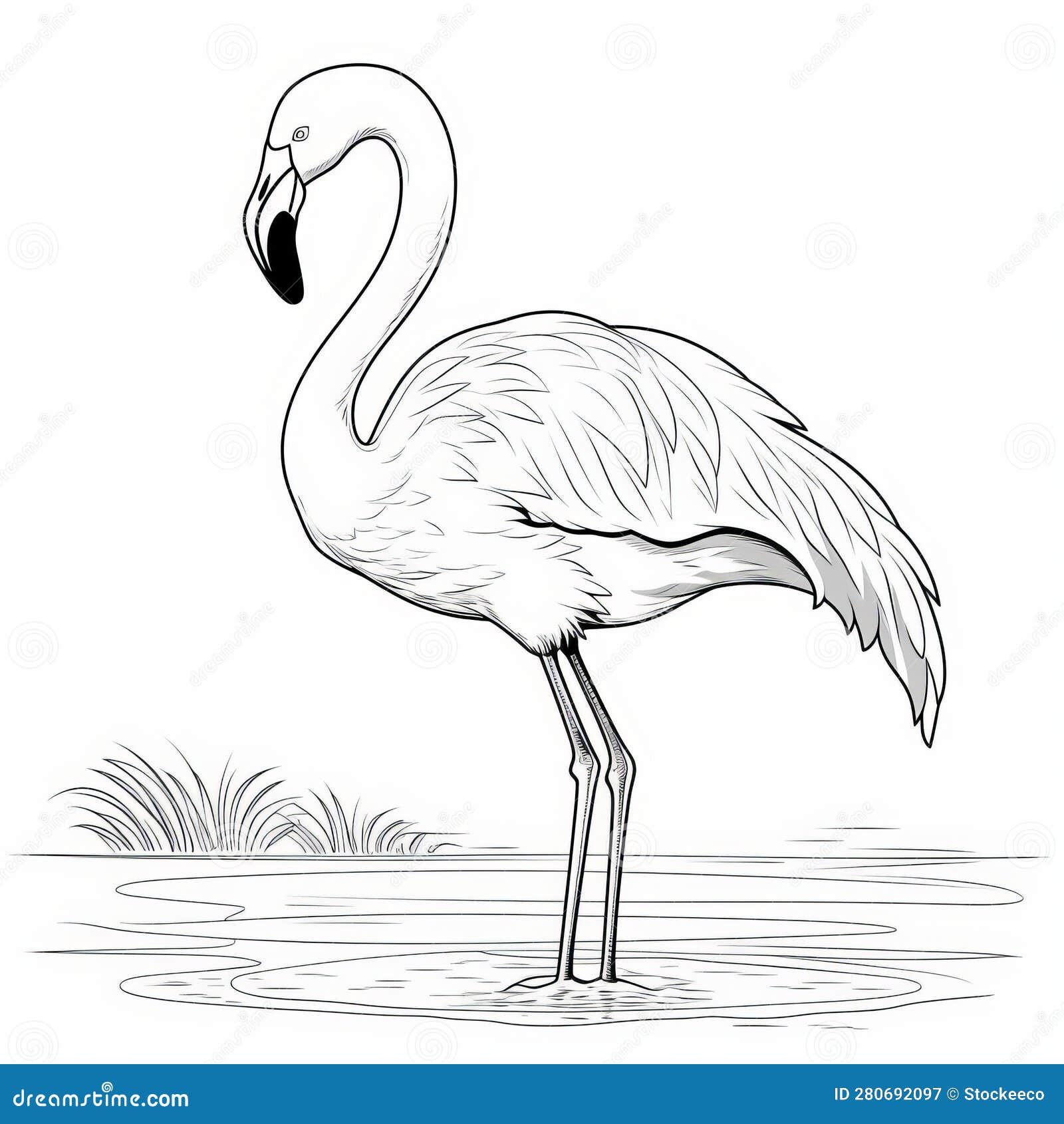 Realistic flamingo in water coloring page in light pink and red style stock illustration