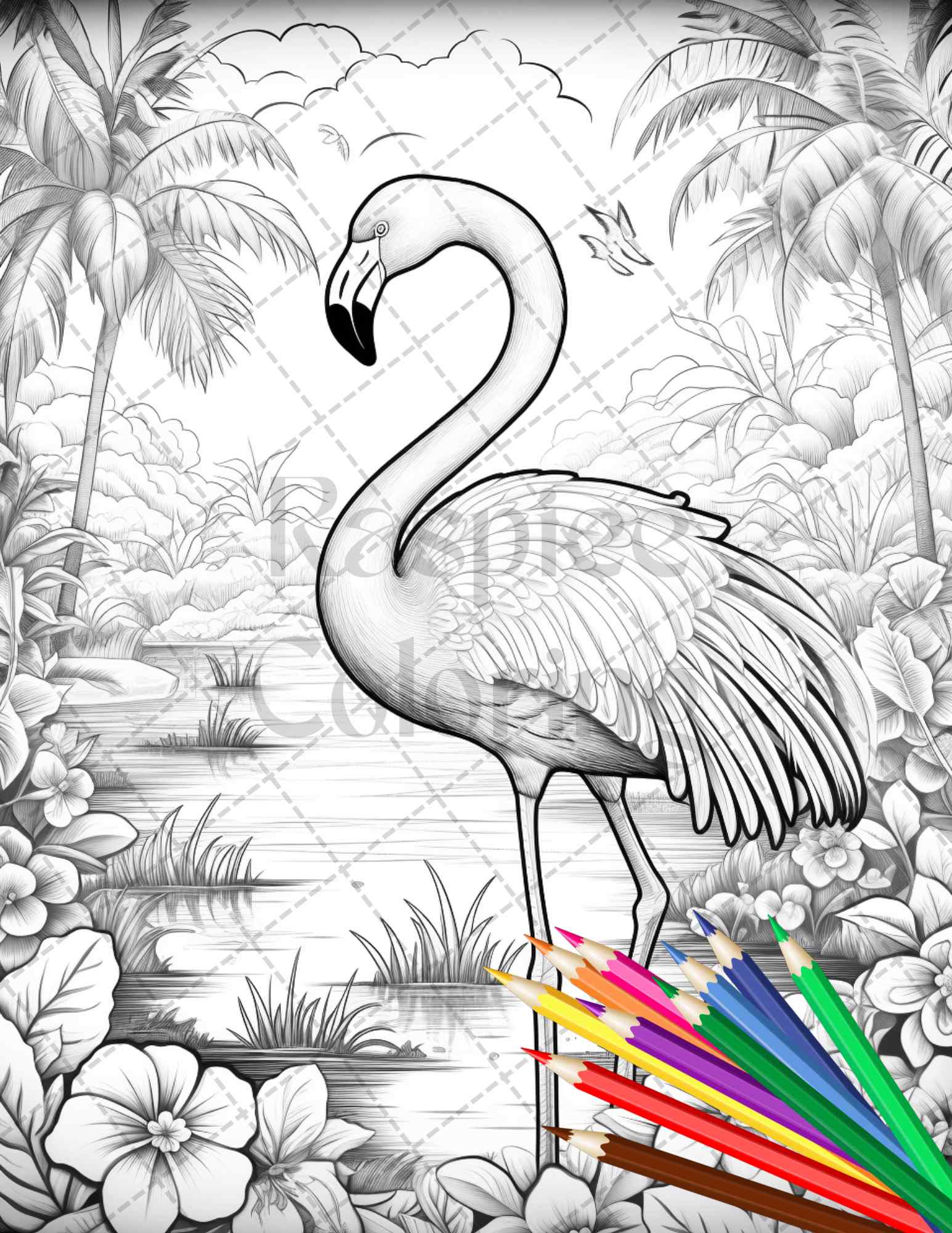 Flamingo oasis grayscale coloring pages printable for adults pdf file â coloring