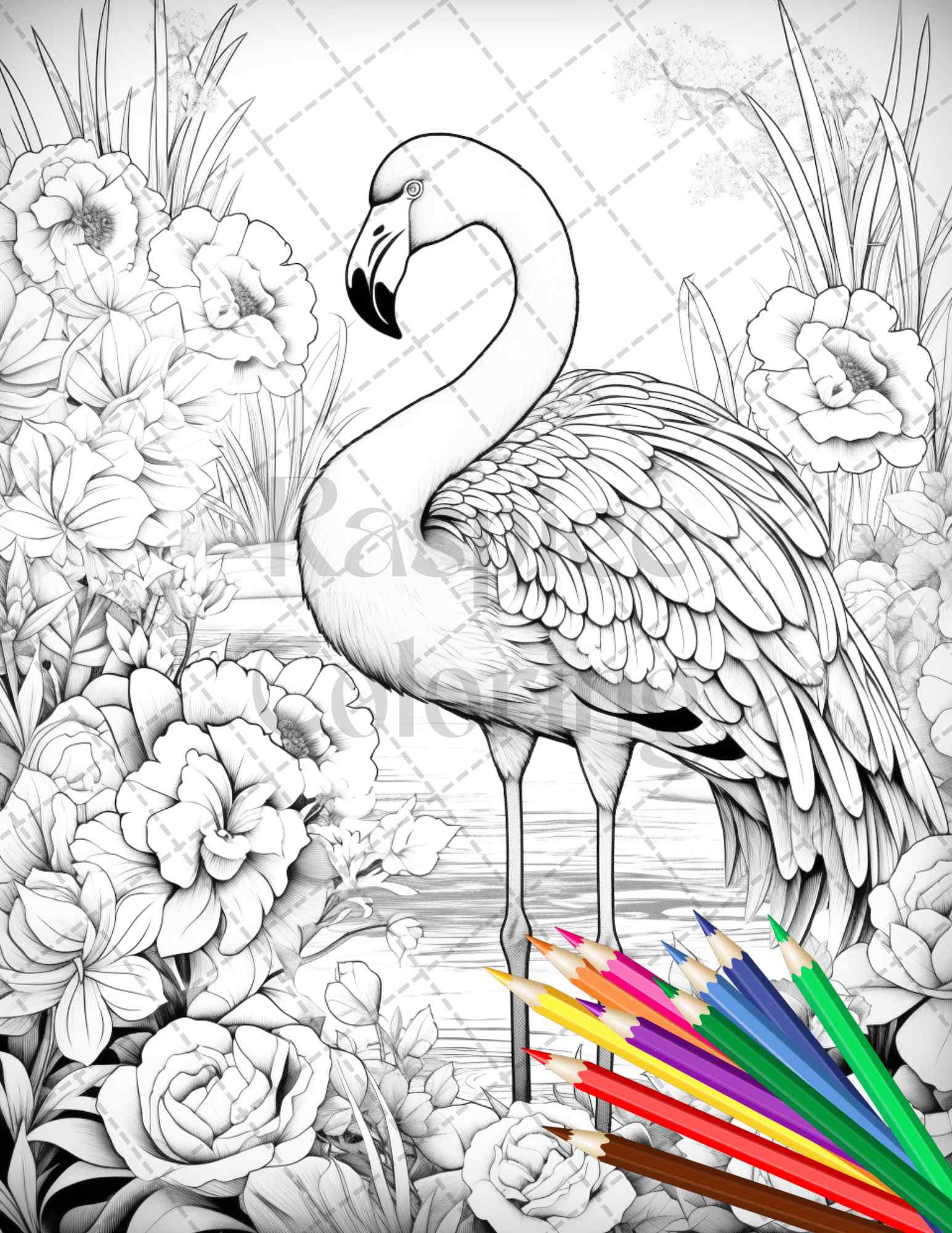 Flamingo oasis grayscale coloring pages printable for adults pdf file â coloring