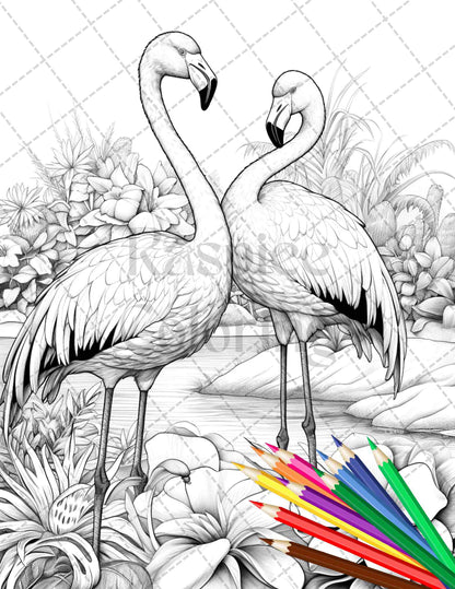 Flamingo oasis grayscale coloring pages printable for adults pdf file â coloring