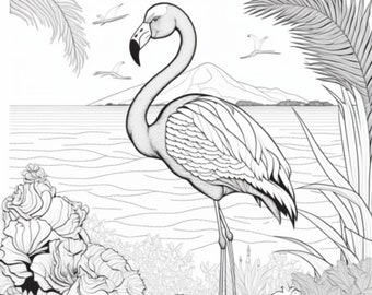 Charming flamingo coloring pages set of printable black white pdf illustrations for adults and kids