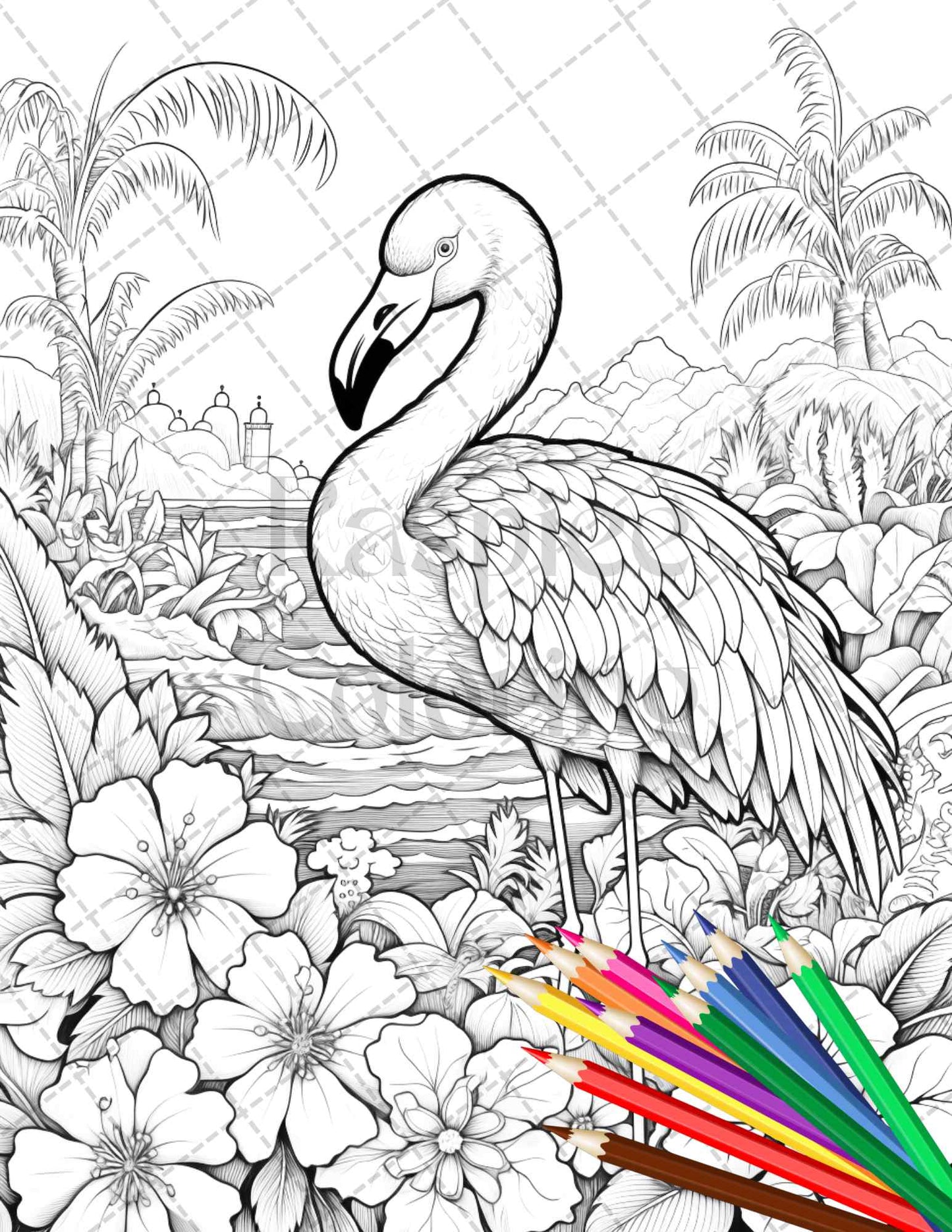 Flamingo oasis grayscale coloring pages printable for adults pdf file â coloring