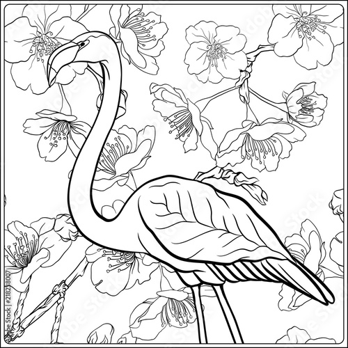 Flamingo in fantasy flower garden outline hand drawing good for coloring page for the adult coloring book vector illustration vector