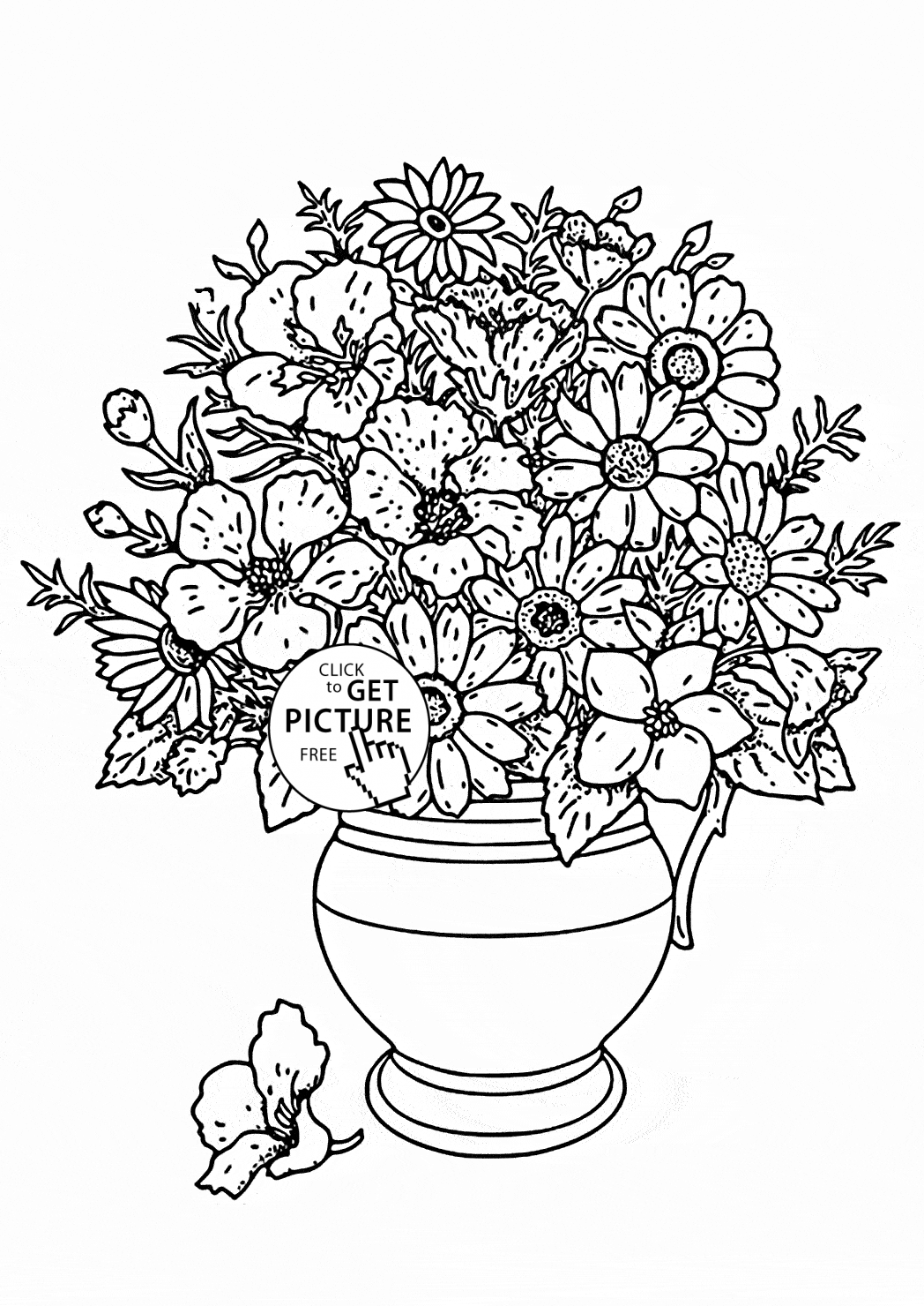 Realistic bouquet of flowers in vase coloring page for kids flower coloring pagesâ flower coloring pages coloring pages for grown ups free adult coloring pages