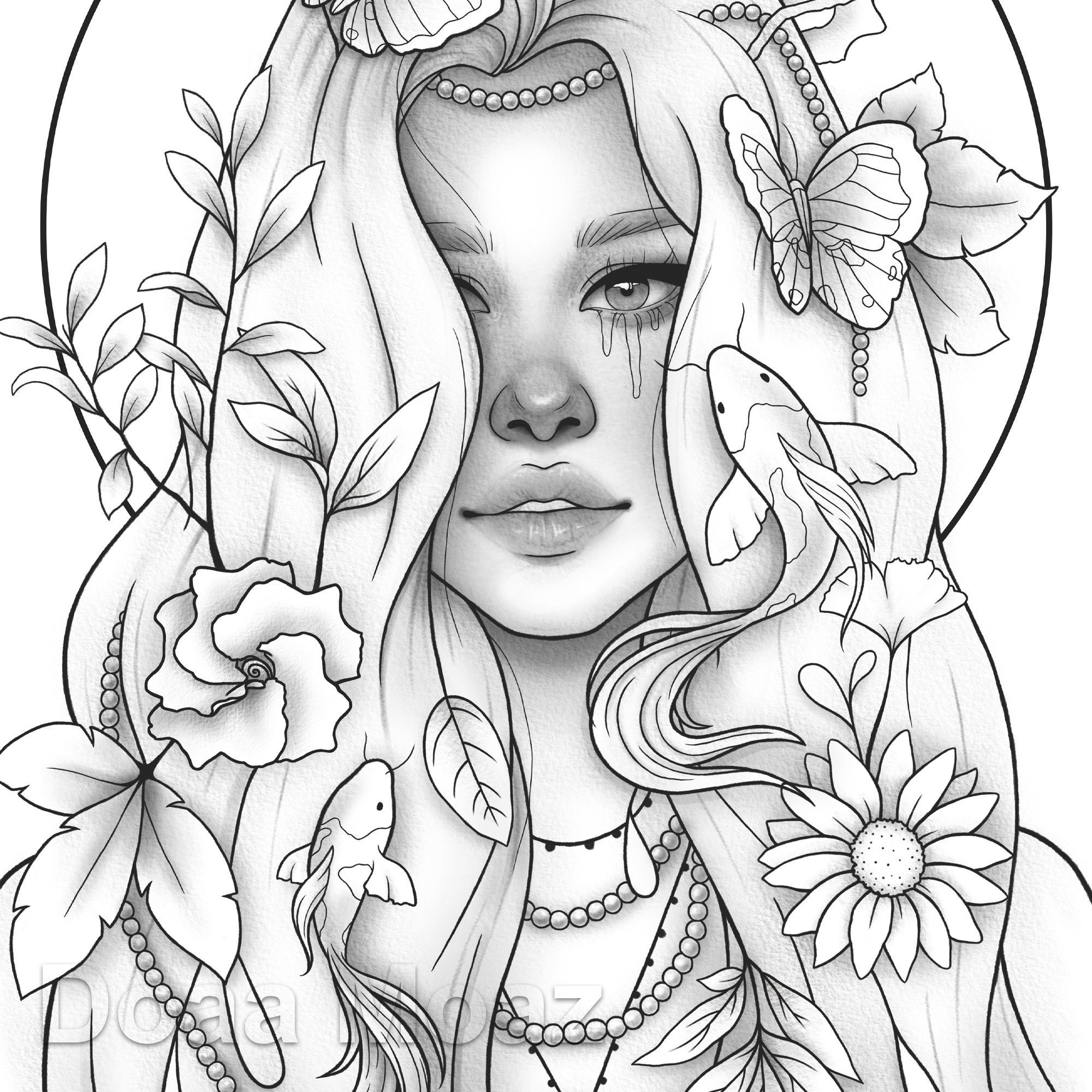 Adult coloring page fantasy girl animal portrait