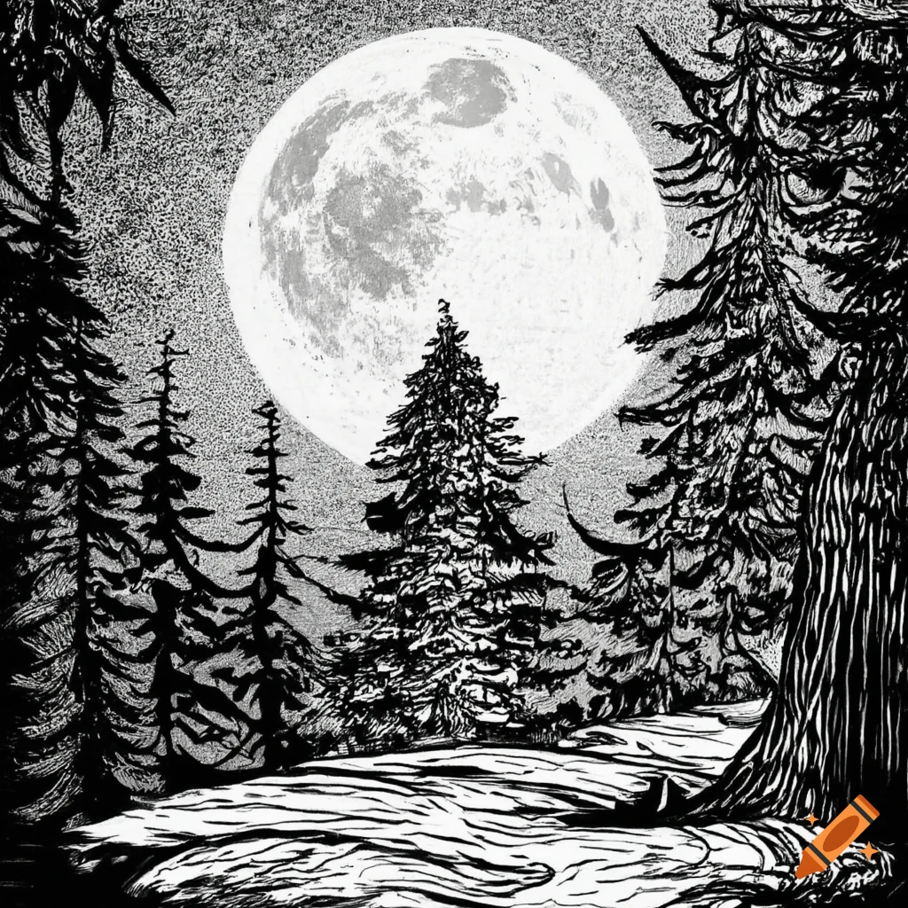 Black and white line drawing coloring page realistic detailed full moon over forest on