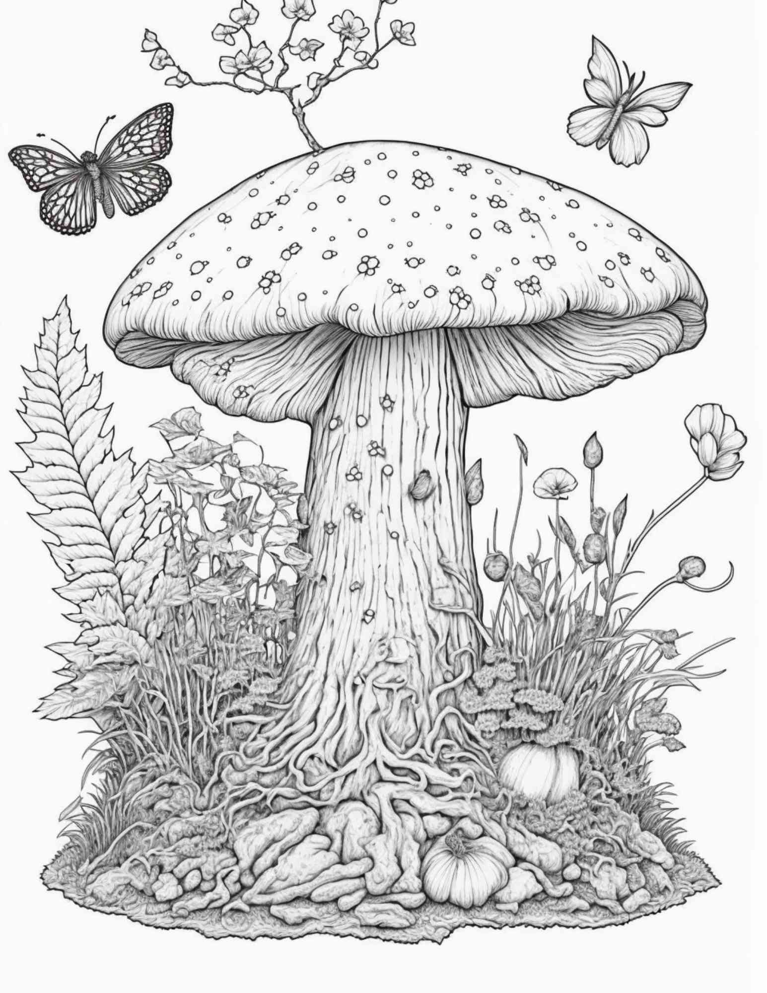 Mushroom forest coloring pages printable for adults and kids gray â coloring