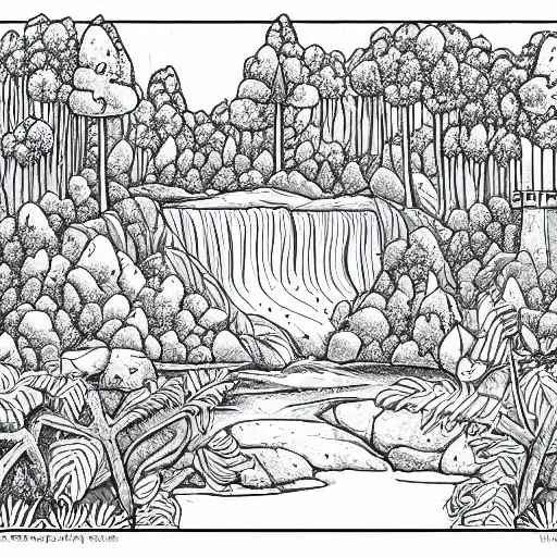 A grayscale adult coloring page of a waterfall in the stable diffusion