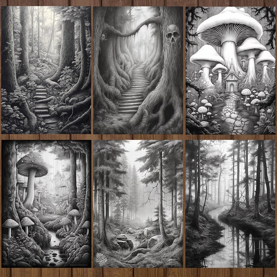 Spooky forest coloring pages instant download grayscale coloring book printable pdf file