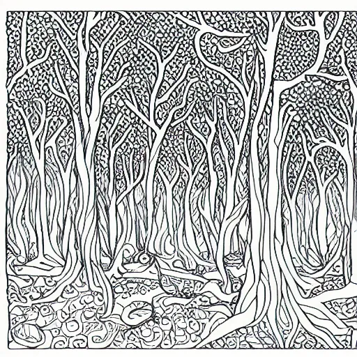 Intricate line drawing of a forest with lots of stable diffusion