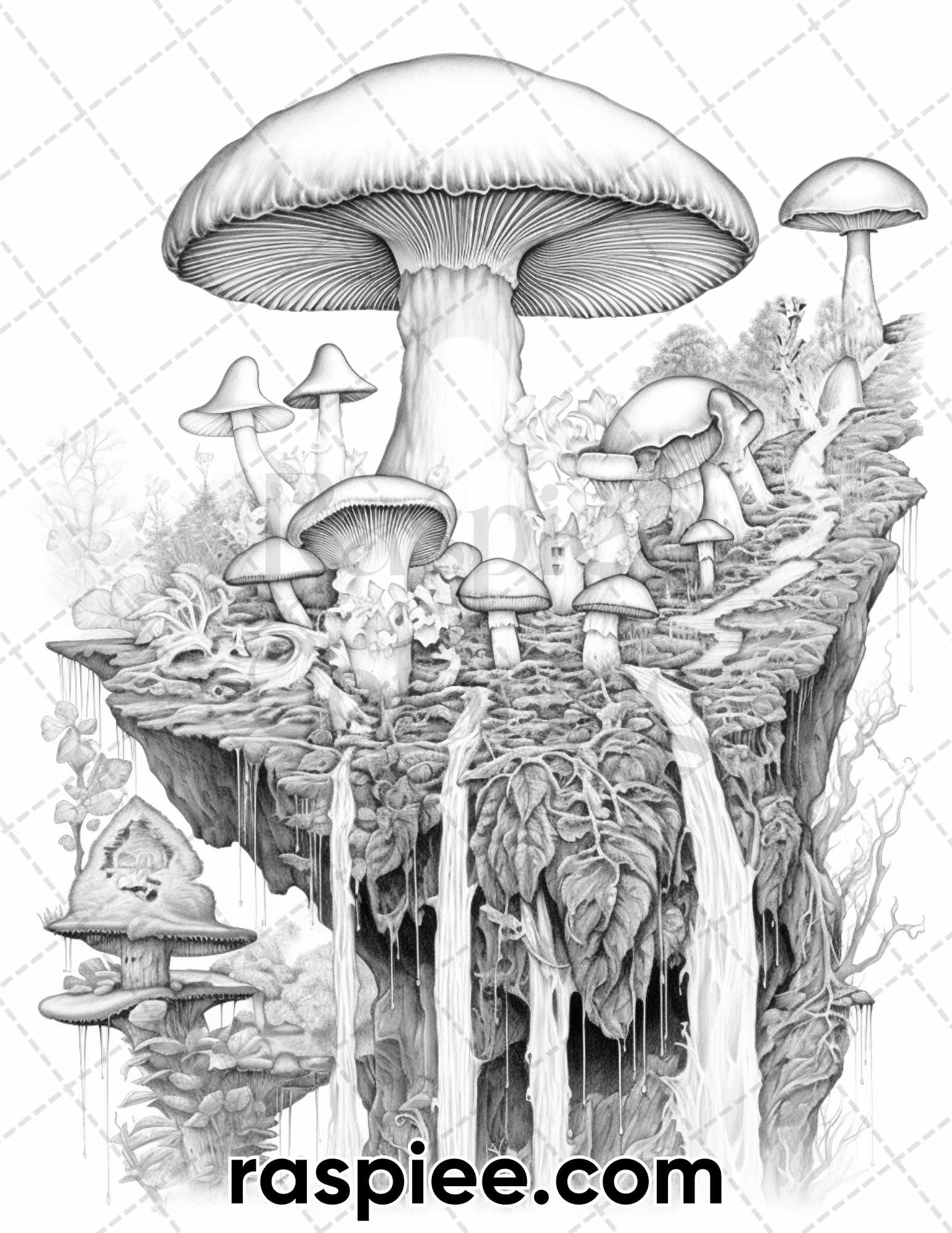 Fantasy mushroom island grayscale coloring pages for adults printa â coloring