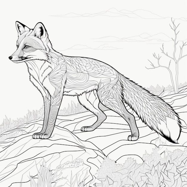 Premium ai image coloring pages of a fox standing on a hill in the woods generative ai