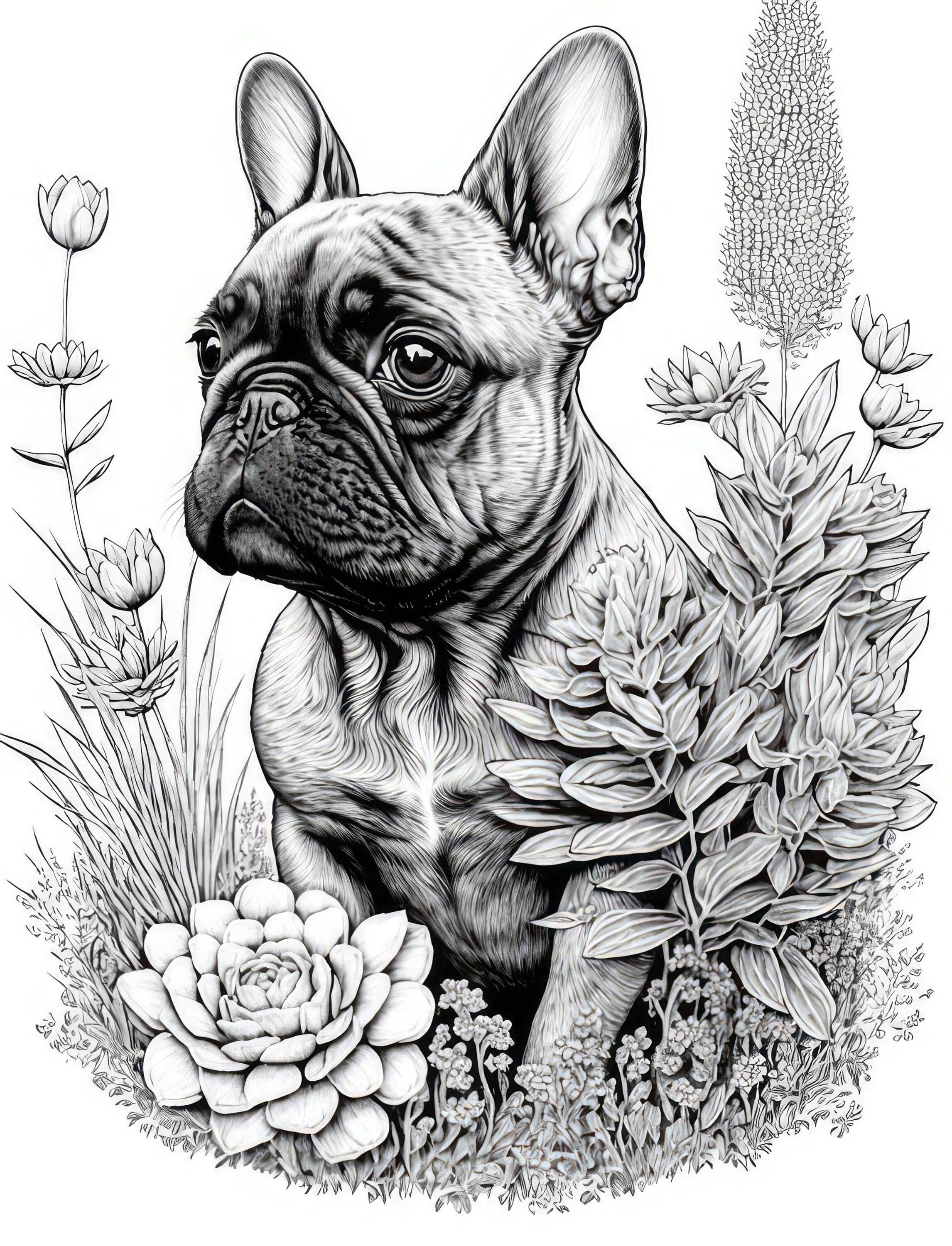 French bulldog coloring sheet ai generated coloring page of a cute french bulldog with flowers instant download