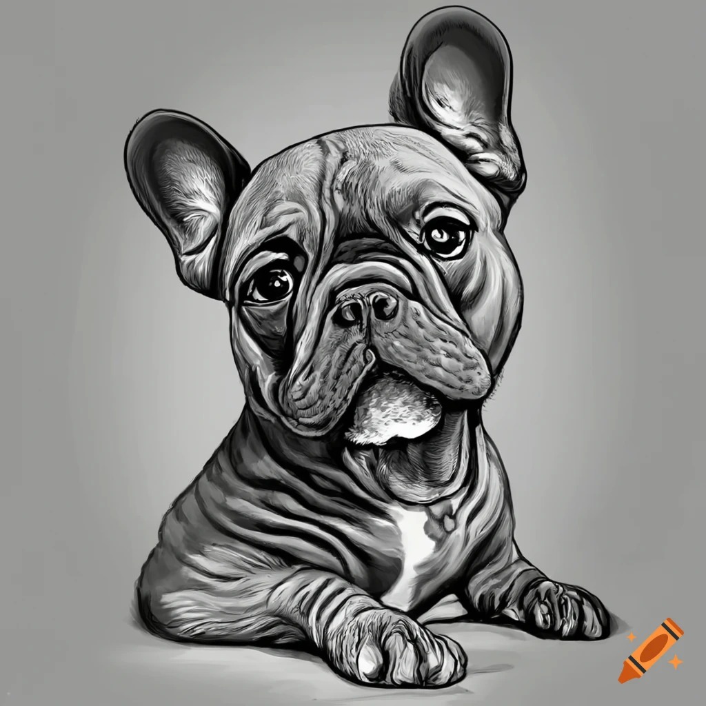 Puppy french bulldog fineline drawing greyscale coloring book style on