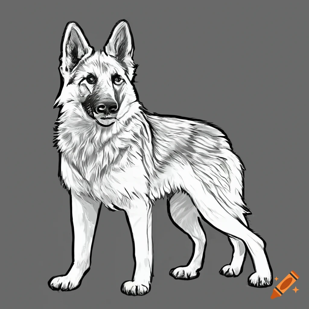 A beautiful german shepherd deutscher schãferhund coloring page for adults full body in frame photo realistic cleanline art high detailed no background white black coloring book sketchbook realistic sketch free lines on