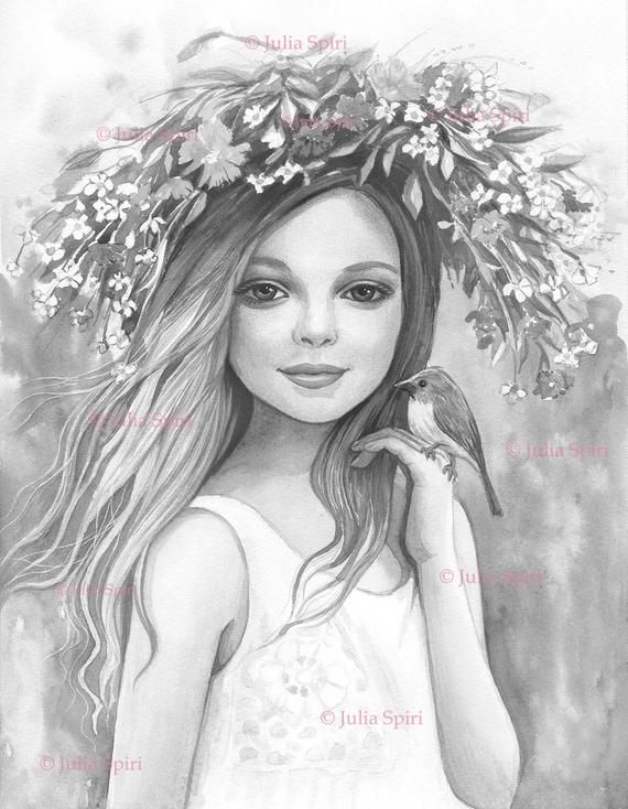 Grayscale coloring page digital stamp digi girl hair spring bird flowers realistic portrait crafting black white lineart hope