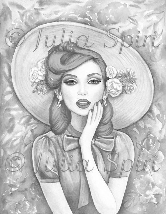 Grayscale coloring page digital stamp digi girl vintage hat red hair flowers realistic portrait black white lineart madeline instant download