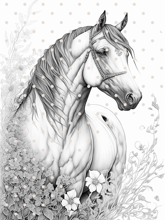 Grayscale coloring pages horse love printable pdf instant download grayscale illustration coloring pages for kids and adults instant download