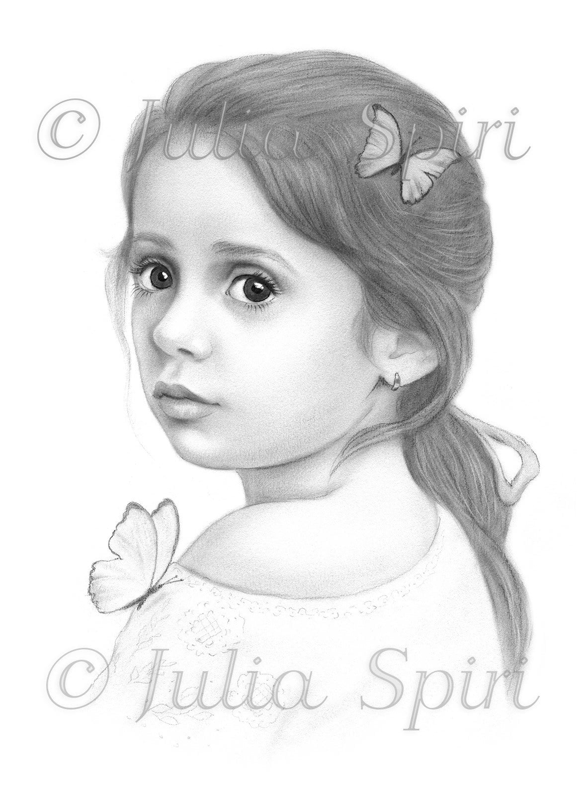 Grayscale coloring page realistic girl portrait with butterflies lai â the art of julia spiri