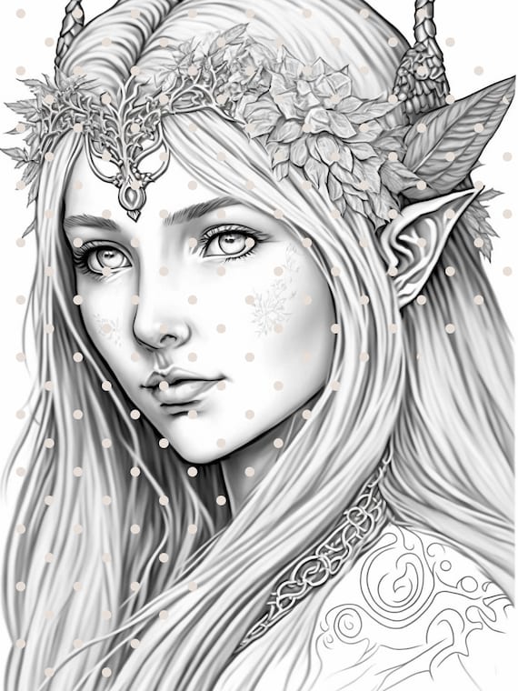 Grayscale coloring pages elf fairy printable pdf instant download grayscale illustration coloring pages for kids and adults