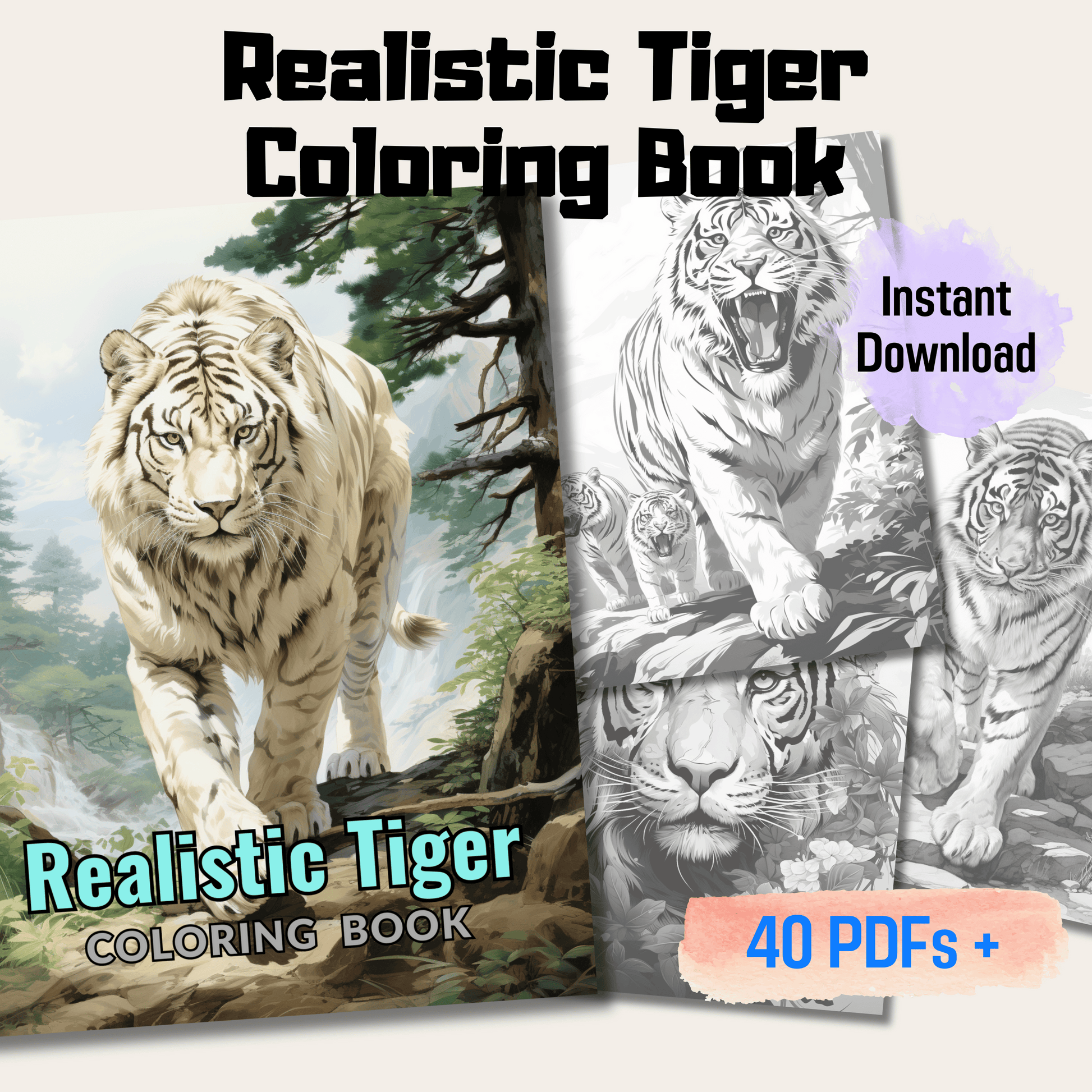 Pages realistic tiger grayscale coloring book instant download pr â funny print for you