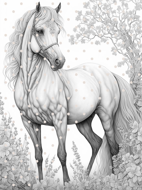 Grayscale coloring pages horse love printable pdf instant download grayscale illustration coloring pages for kids and adults