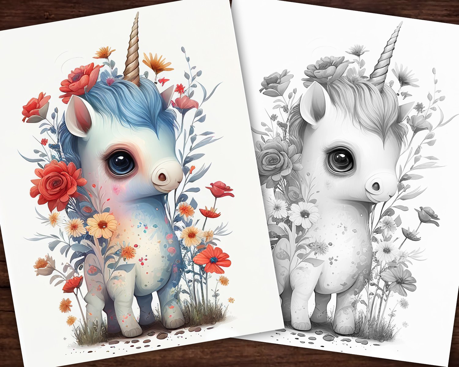 Baby flower unicorn fantasy anime coloring page adults kids instant download