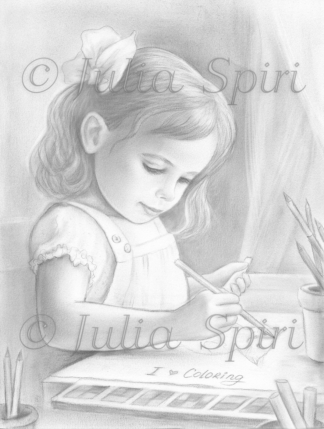 Grayscale coloring page cute girl realistic portrait i love colorin â the art of julia spiri