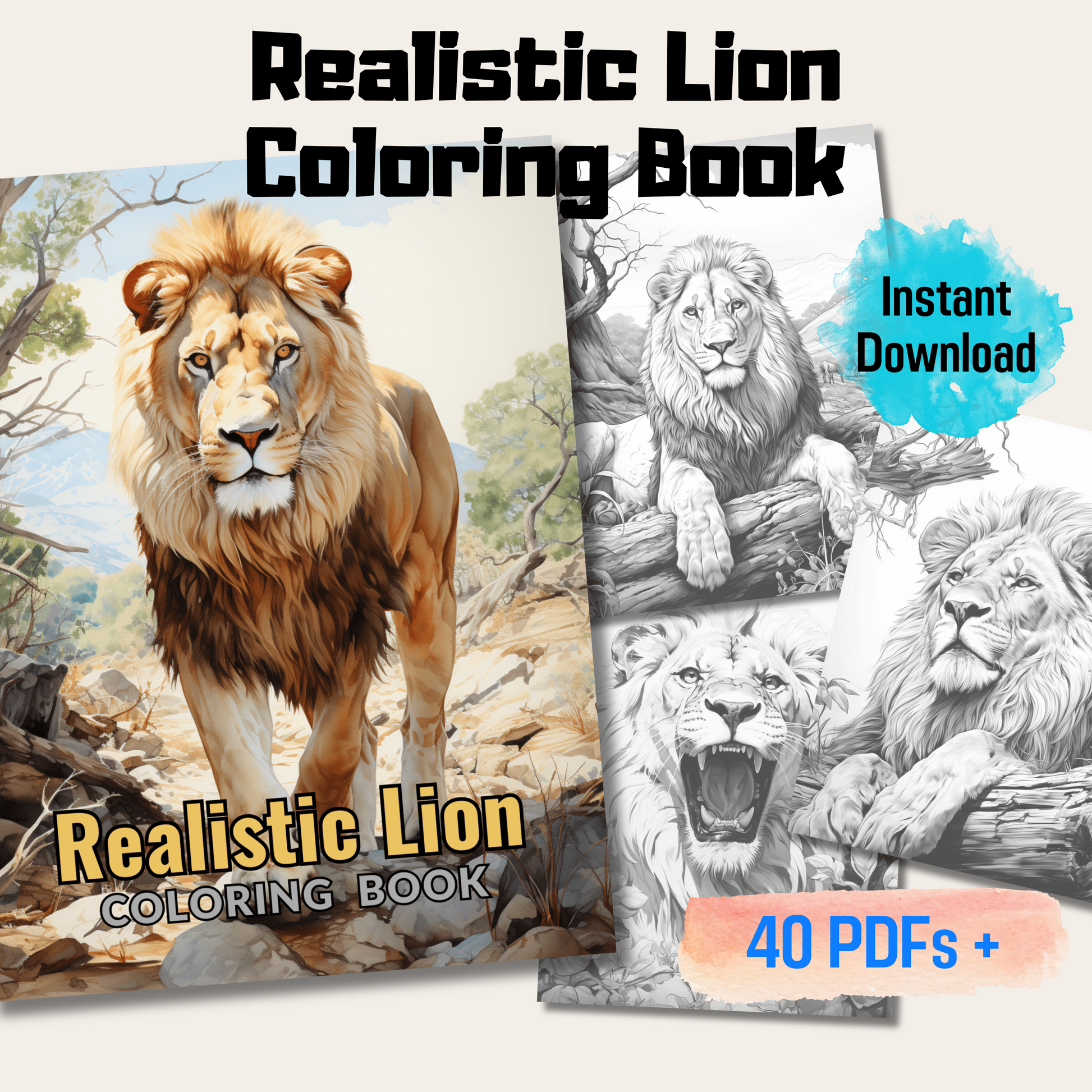 Pages realistic lion grayscale coloring book instant download pri â funny print for you