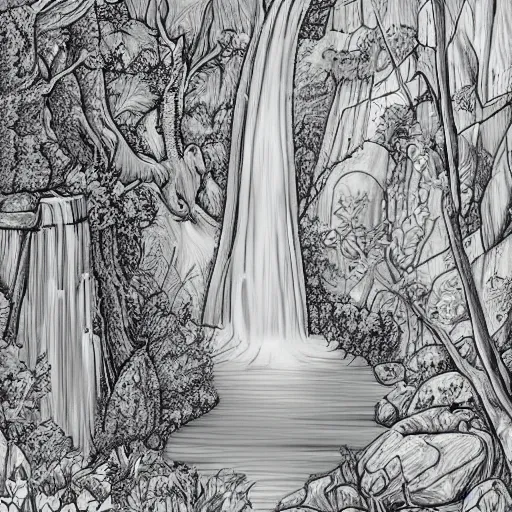 A grayscale adult coloring page of a waterfall in the stable diffusion