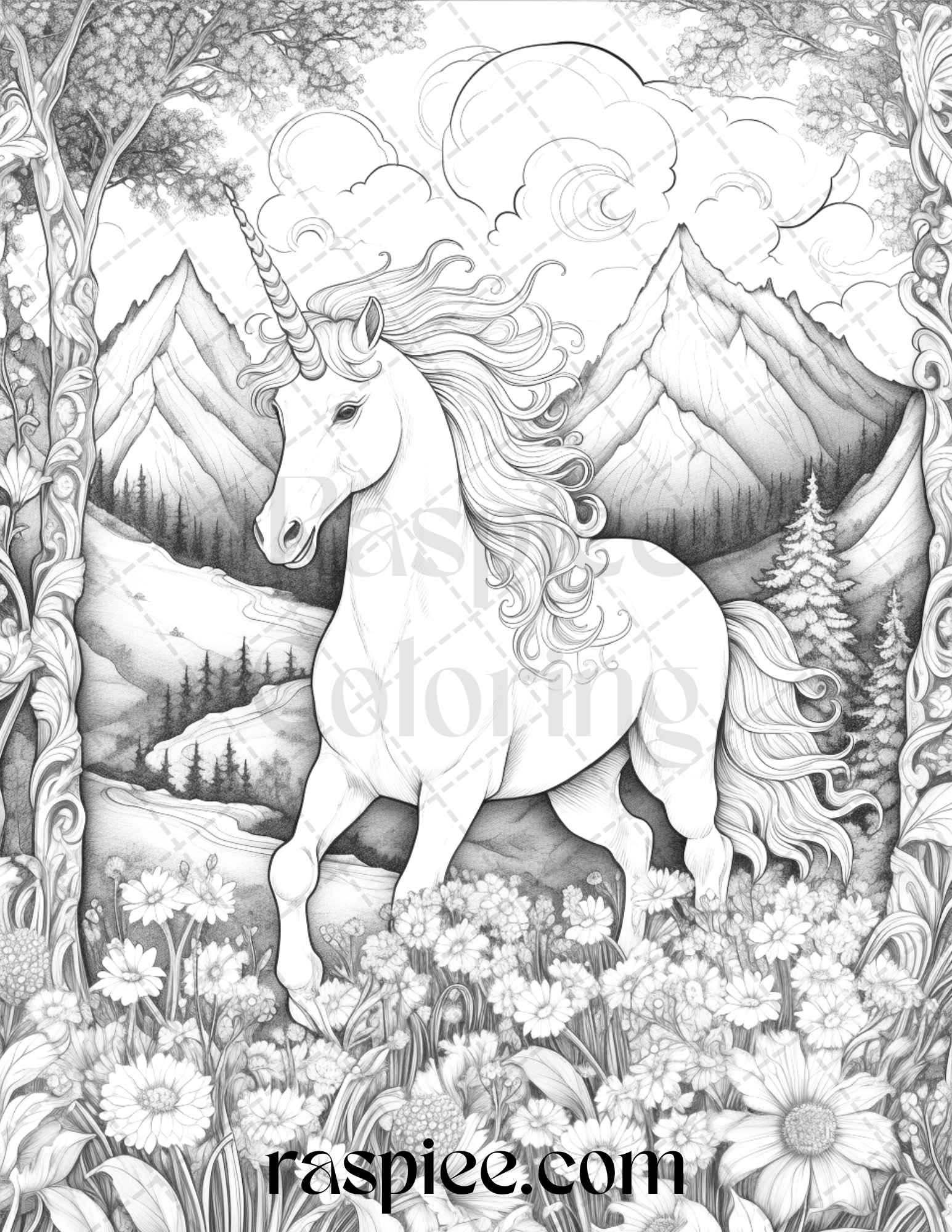 Enchanted unicorns grayscale coloring pages printable for adults p â coloring