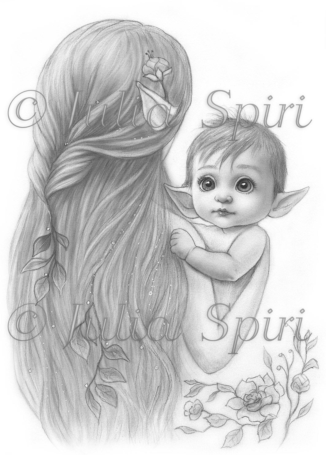 Grayscale coloring page cute baby elf and his mama mama elfs loving â the art of julia spiri