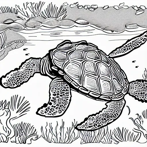 Grayscale coloring page of an underwater sea turtle stable diffusion