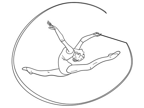 Object on white background rhythmic gymnastics girl with a ribbon on twine coloring for children illustration