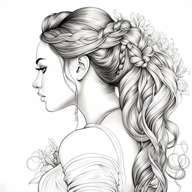 Premium ai image adult coloring book page womans side profile with hair pulled