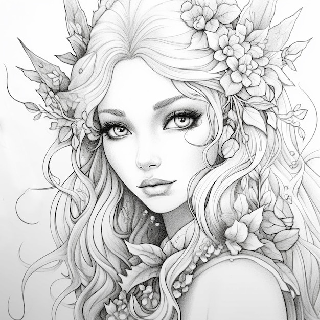 Premium ai image coloring page girl curly hair with floral illustrations for child and adult