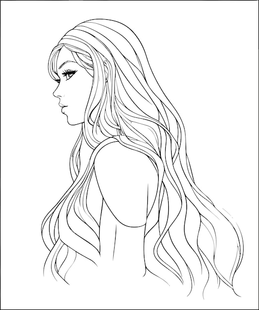 Premium vector a coloring page of a girl with long hair