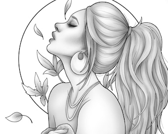 Printable coloring page fantasy character girl floral portrait