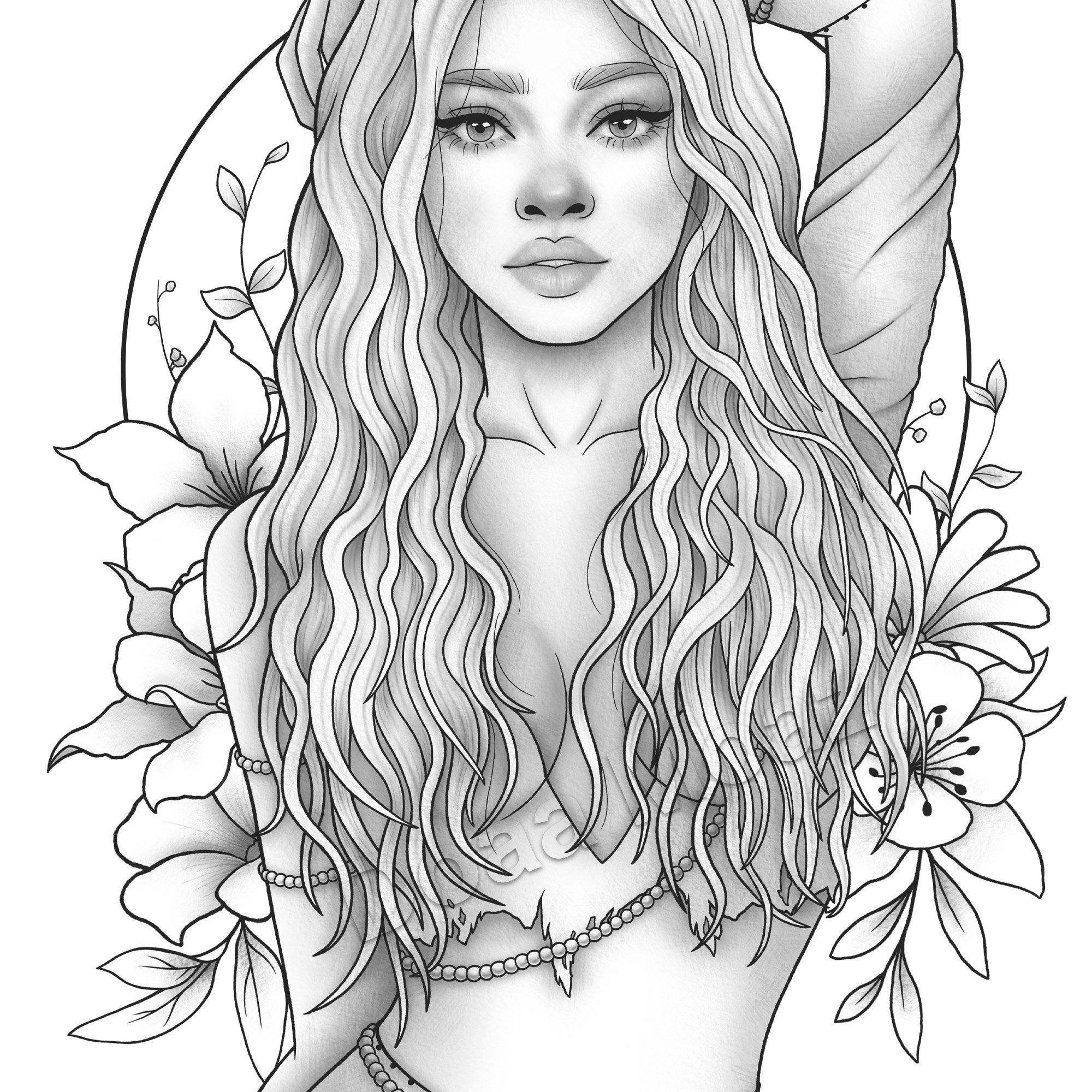 Printable coloring page fantasy character black girl portrait
