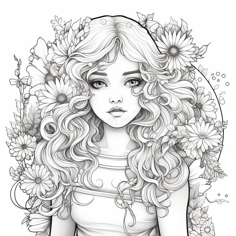 Coloring page portrait girl flowers hair stock illustrations â coloring page portrait girl flowers hair stock illustrations vectors clipart