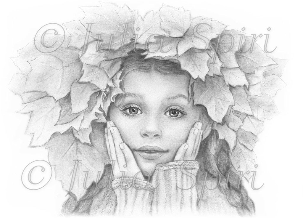 Grayscale coloring page realistic girl portrait with leaves autumn â the art of julia spiri
